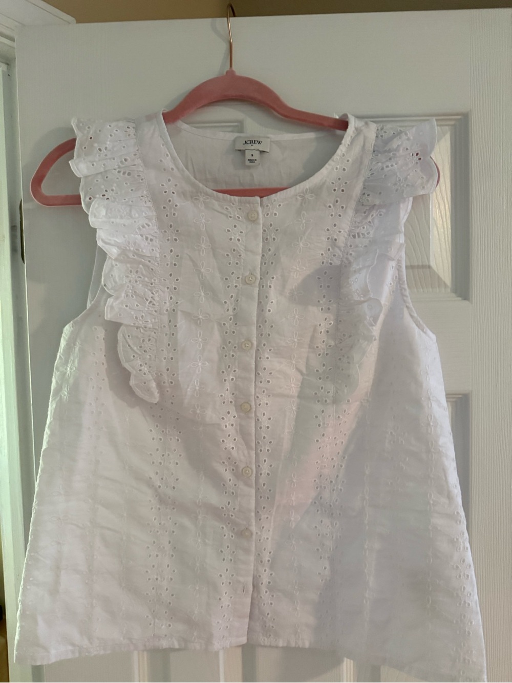J. Crew White Eyelet Ruffle Button-Front top NWOT